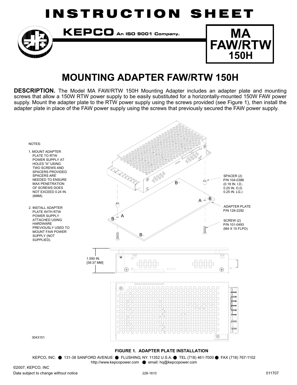 KEPCO MA FAW/RTW 150H User Manual | 1 page