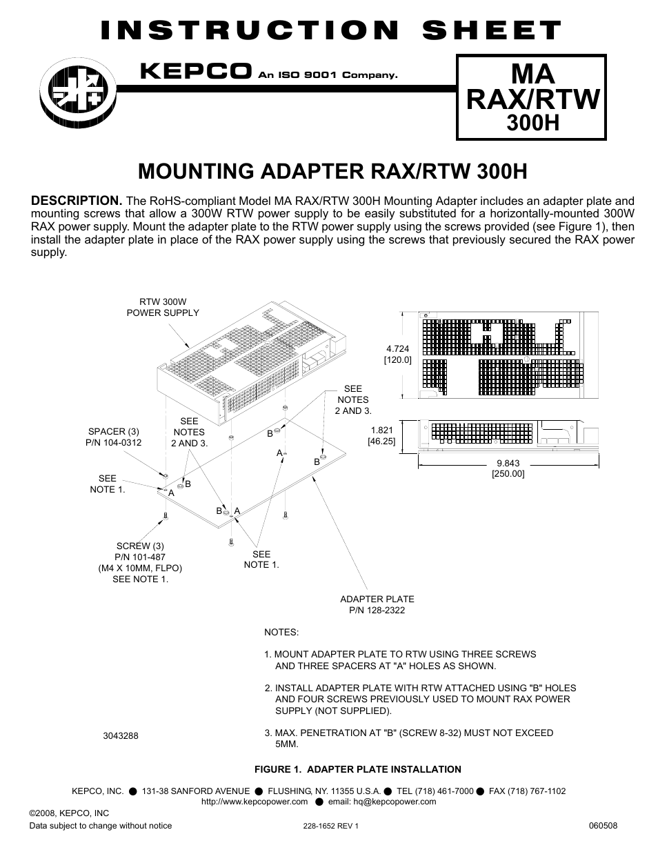 KEPCO MA RAX/RTW 300H User Manual | 1 page