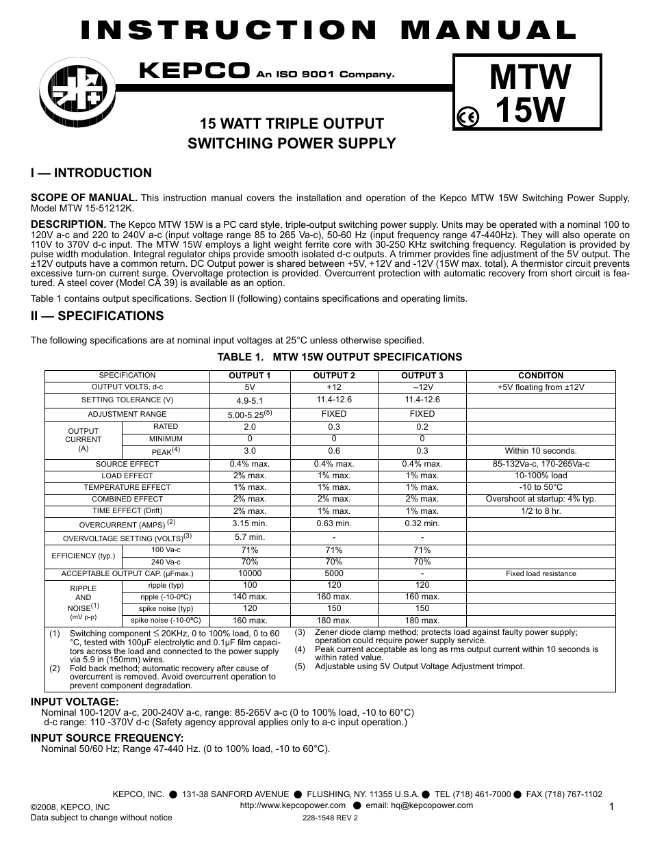 KEPCO MTW 15 User Manual | 4 pages