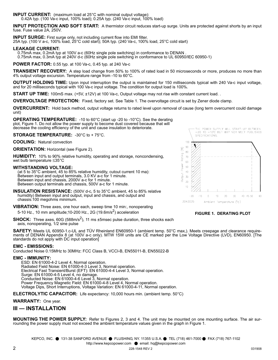Figure 1. derating plot, Iii — installation | KEPCO MTW 15 User Manual | Page 2 / 4