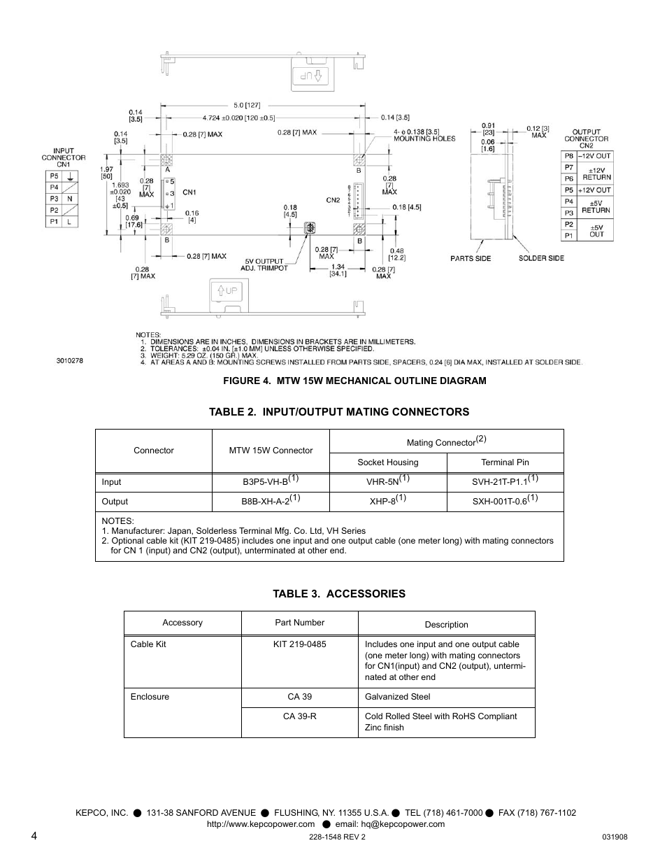 Figure 4. mtw 15w mechanical outline diagram, Table 2. input/output mating connectors, Table 3. accessories | KEPCO MTW 15 User Manual | Page 4 / 4