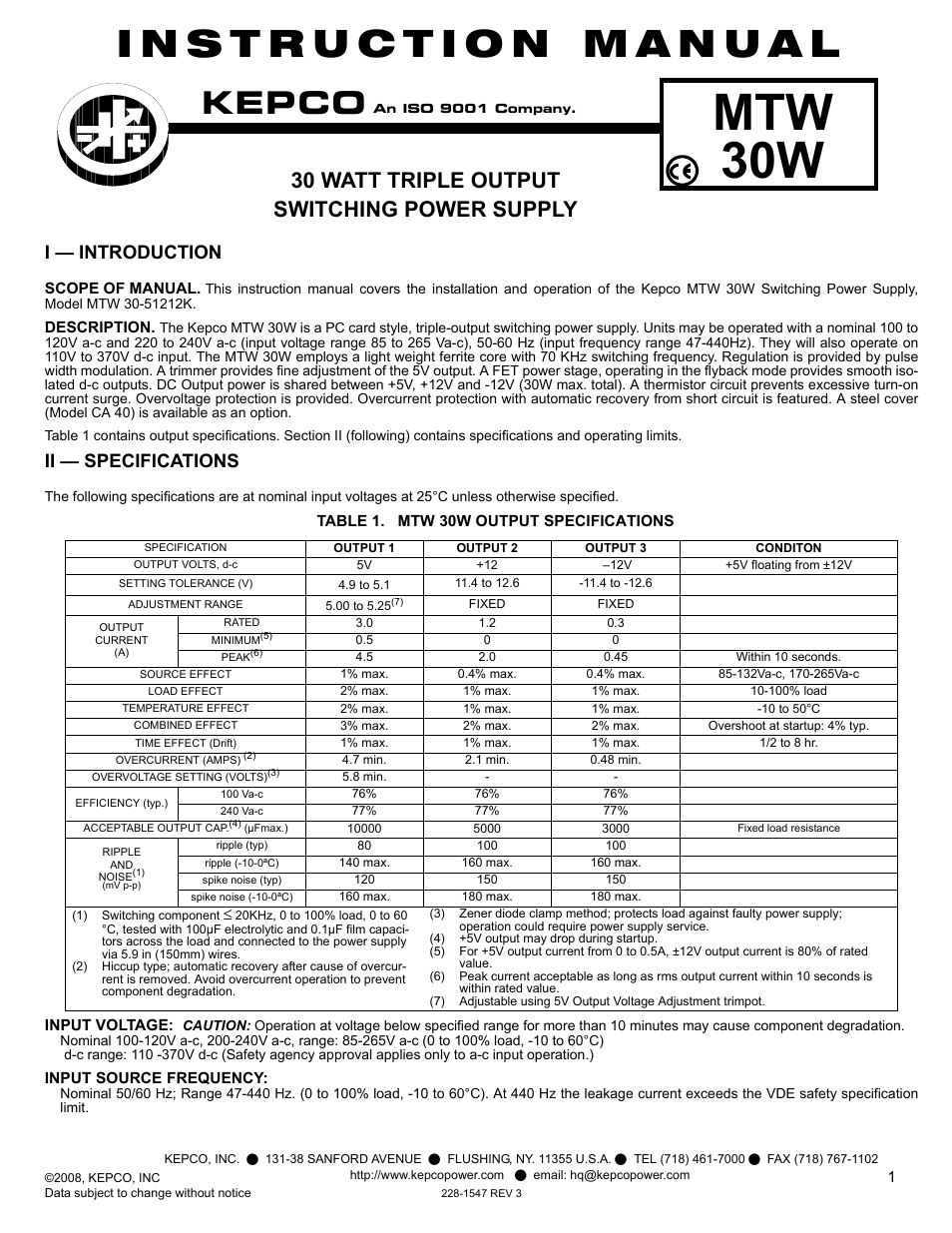 KEPCO MTW 30 User Manual | 4 pages