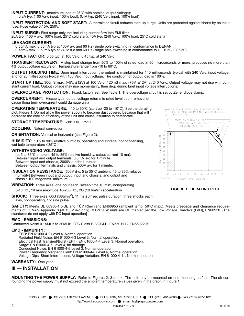 Figure 1. derating plot, Iii — installation | KEPCO MTW 30 User Manual | Page 2 / 4