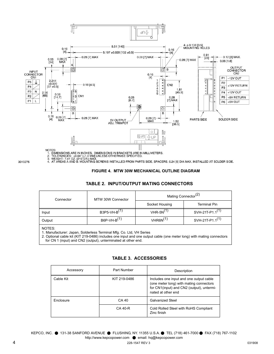 Figure 4. mtw 30w mechanical outline diagram, Table 2. input/output mating connectors, Table 3. accessories | KEPCO MTW 30 User Manual | Page 4 / 4