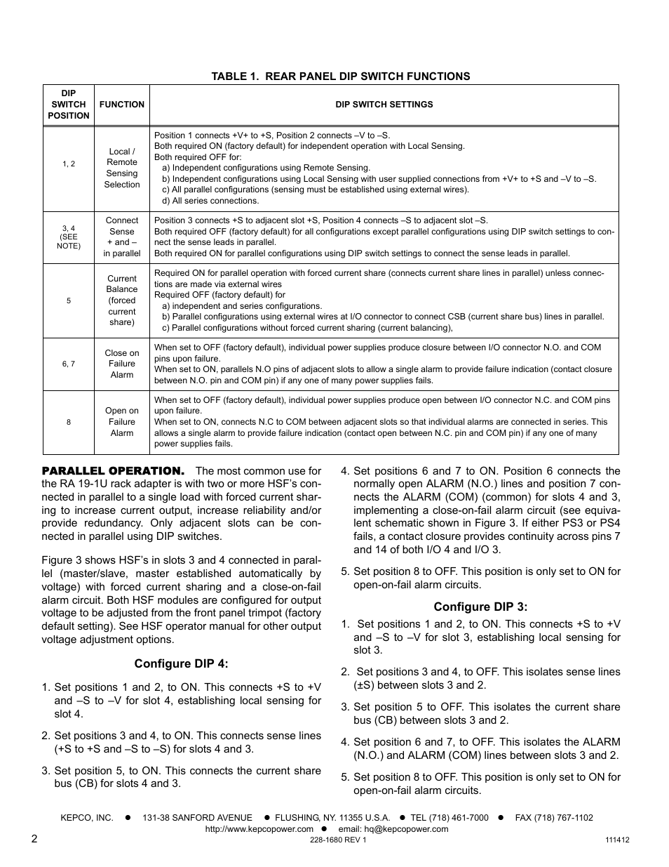 Table 1. rear panel dip switch functions, Parallel operation, Configure dip 4 | Configure dip 3 | KEPCO RA 19-1U Quick Start Guide User Manual | Page 2 / 4