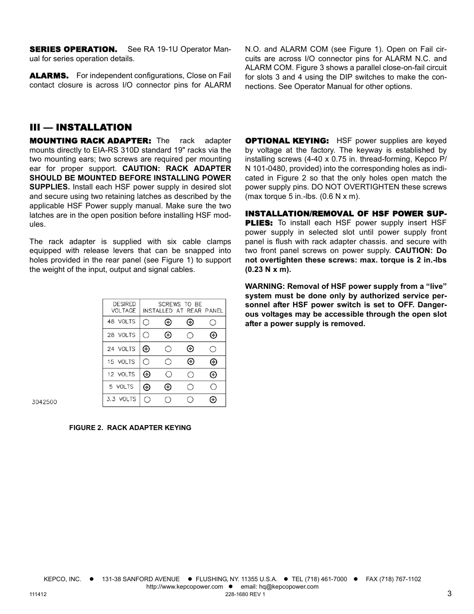 Series operation, Alarms, Iii — installation | Mounting rack adapter, Figure 2. rack adapter keying, Optional keying, Installation/removal of hsf power supplies | KEPCO RA 19-1U Quick Start Guide User Manual | Page 3 / 4