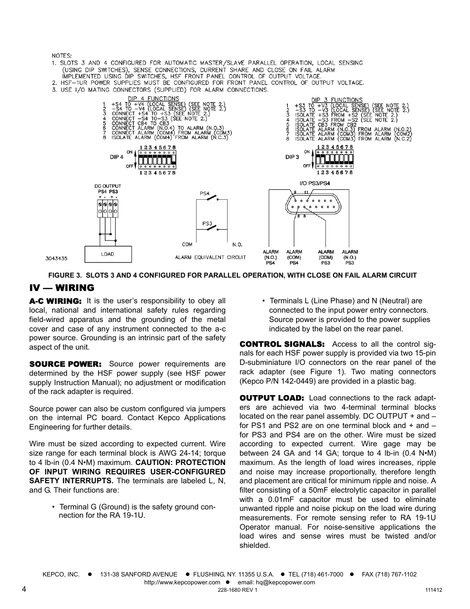 Iv — wiring, A-c wiring, Source power | Control signals, Output load | KEPCO RA 19-1U Quick Start Guide User Manual | Page 4 / 4