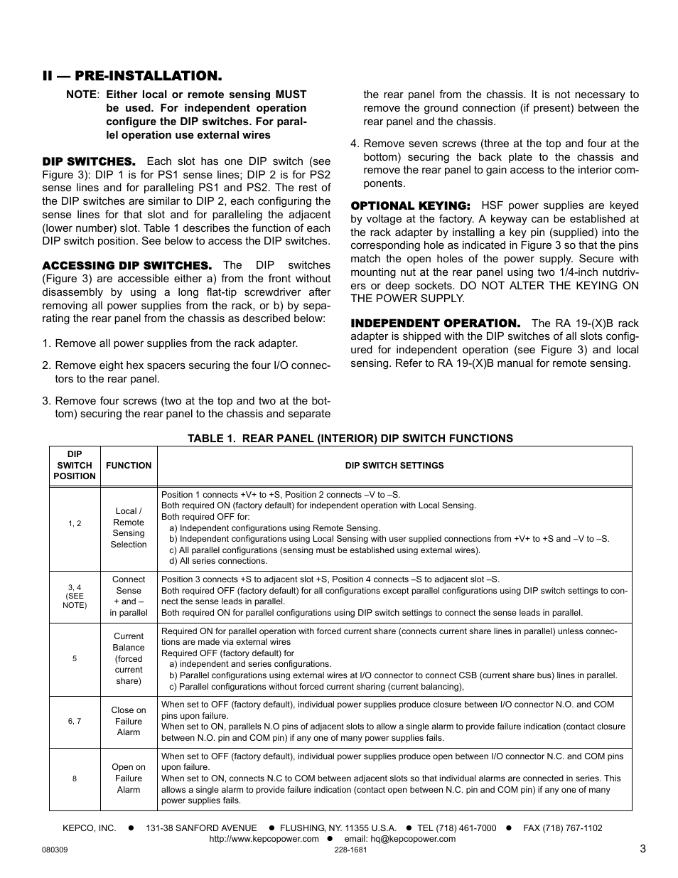 Ii — pre-installation | KEPCO RA 19-8B Quick Start Guide User Manual | Page 3 / 6