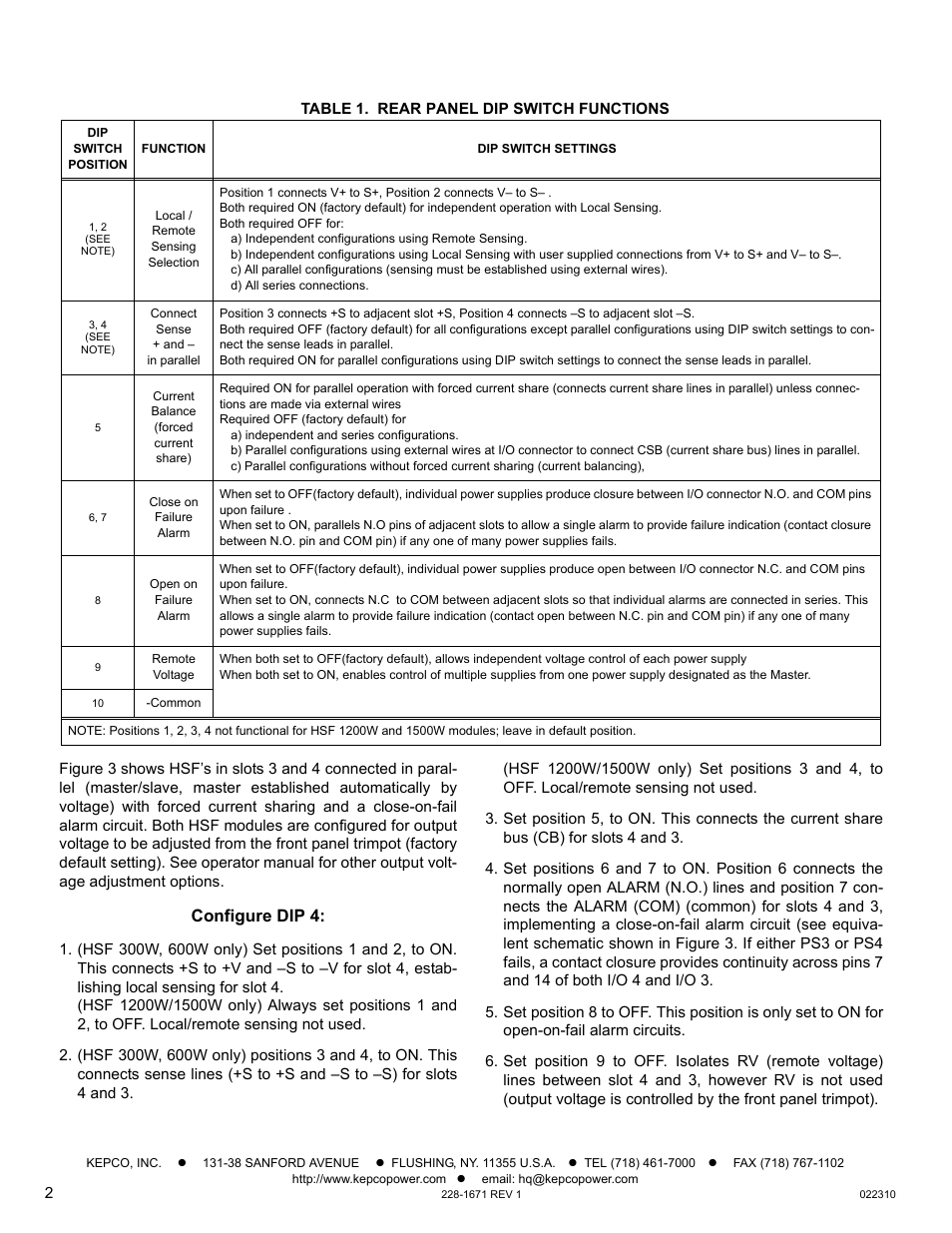 Table 1. rear panel dip switch functions, Configure dip 4 | KEPCO RA 19-4C Quick Start Guide User Manual | Page 2 / 4