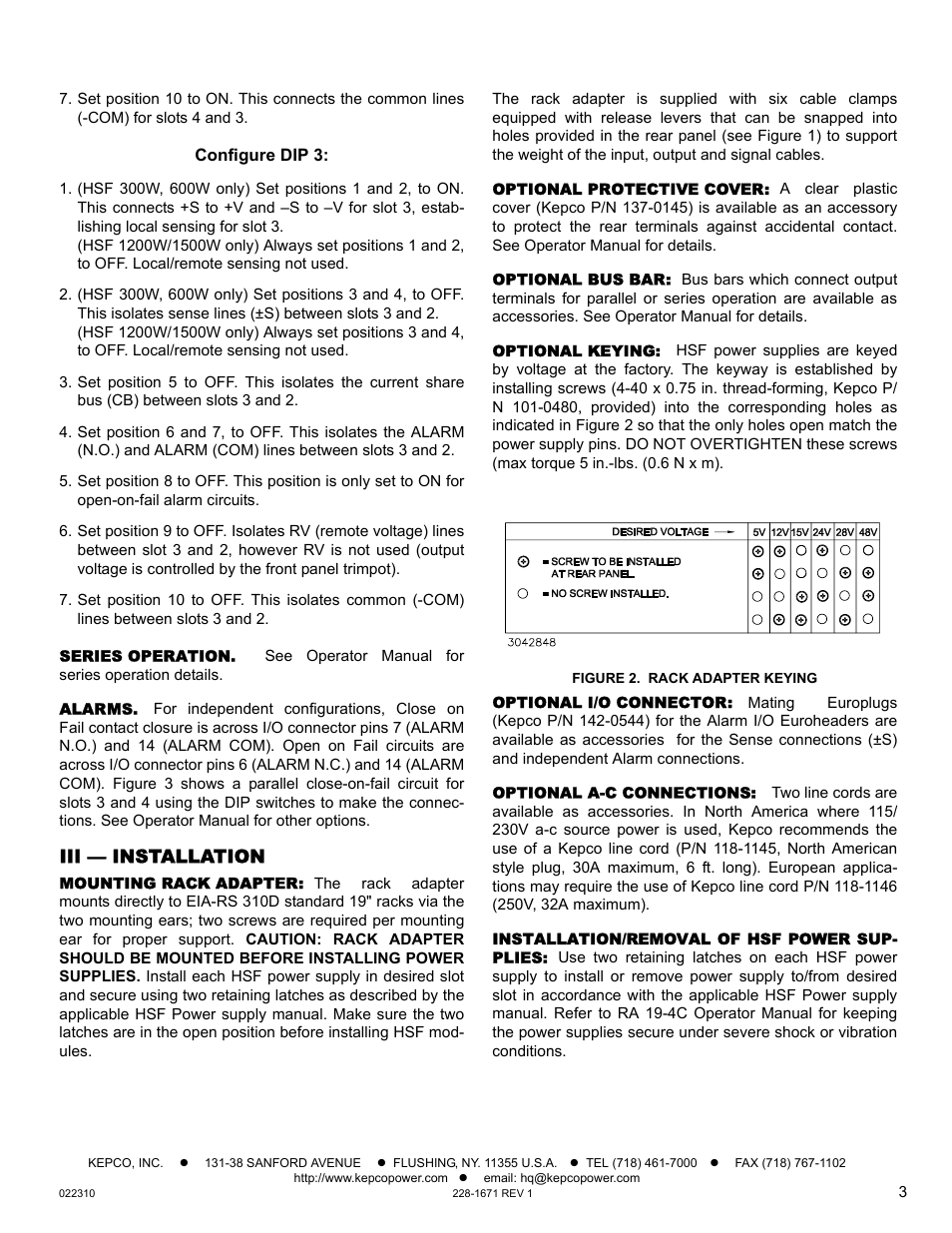 Series operation, Alarms, Iii — installation | Mounting rack adapter, Optional protective cover, Optional bus bar, Optional keying, Figure 2. rack adapter keying, Optional i/o connector, Optional a-c connections | KEPCO RA 19-4C Quick Start Guide User Manual | Page 3 / 4