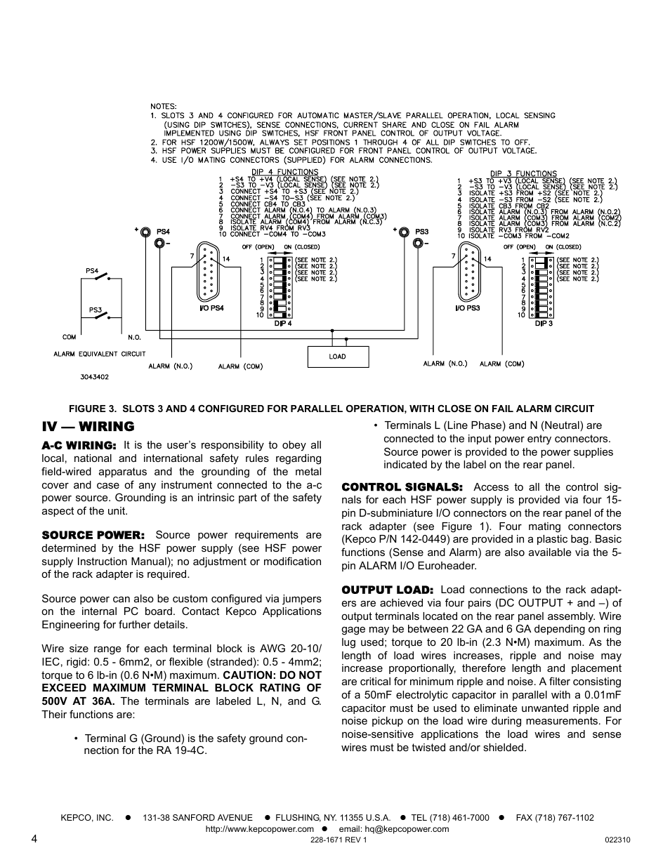 Iv — wiring, A-c wiring, Source power | Control signals, Output load | KEPCO RA 19-4C Quick Start Guide User Manual | Page 4 / 4