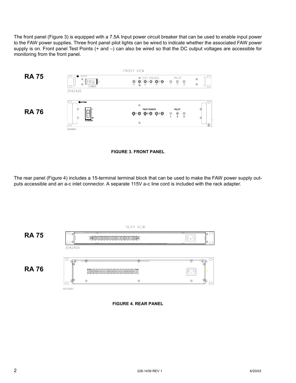 Figure 3. front panel, Figure 4. rear panel, Ra 75 ra 76 | KEPCO RA 76 User Manual | Page 2 / 8