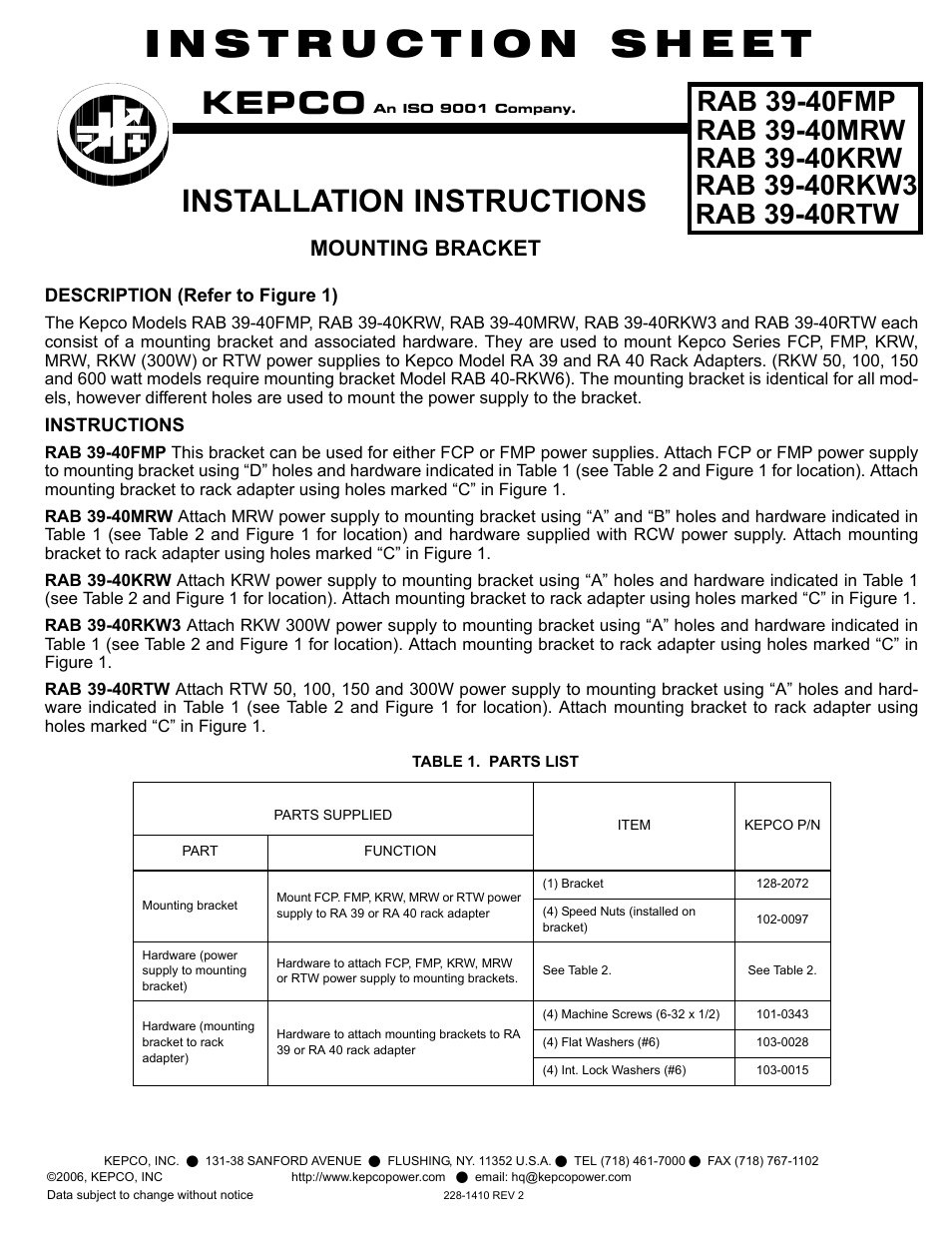 KEPCO RAB 39-40RTW User Manual | 2 pages