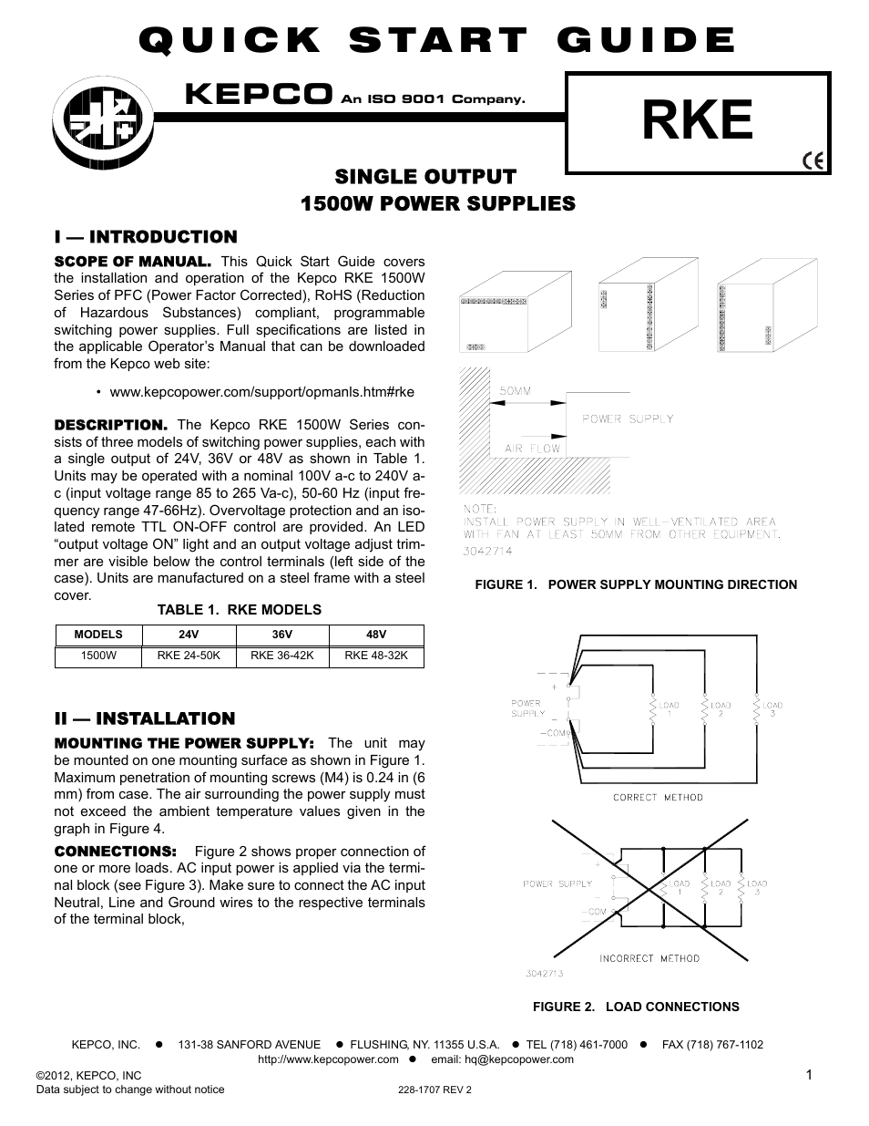 KEPCO RKE 1500W Series Quick Start Guide User Manual | 2 pages