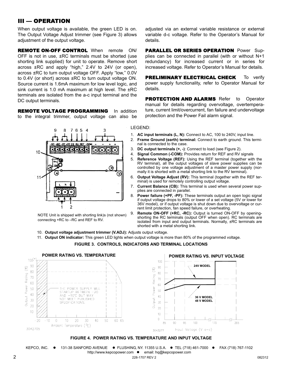 Iii — operation, Remote on-off control, Remote voltage programming | Parallel or series operation, Preliminary electrical check, Protection and alarms | KEPCO RKE 1500W Series Quick Start Guide User Manual | Page 2 / 2