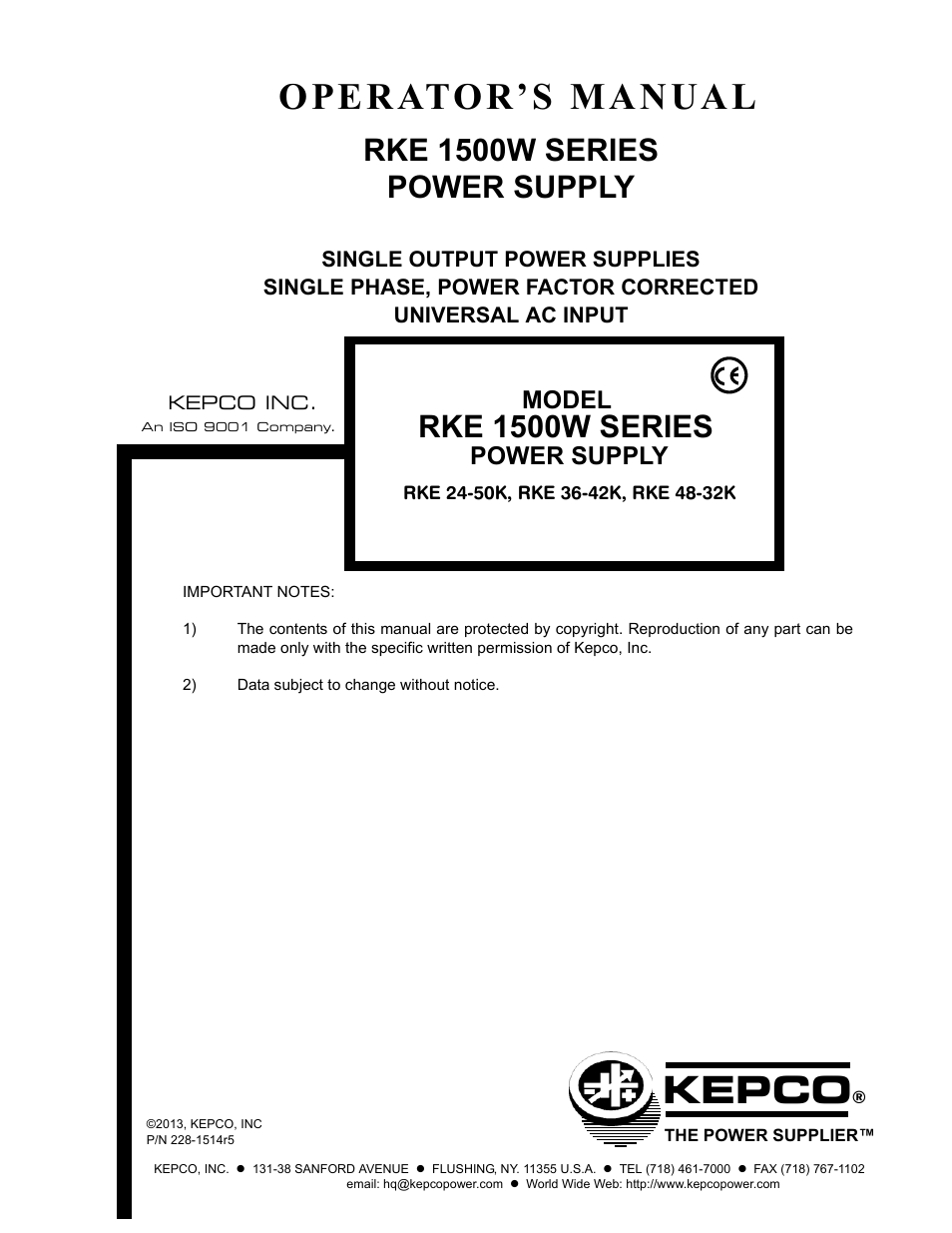 KEPCO RKE 1500W Series Operator Manual User Manual | 14 pages