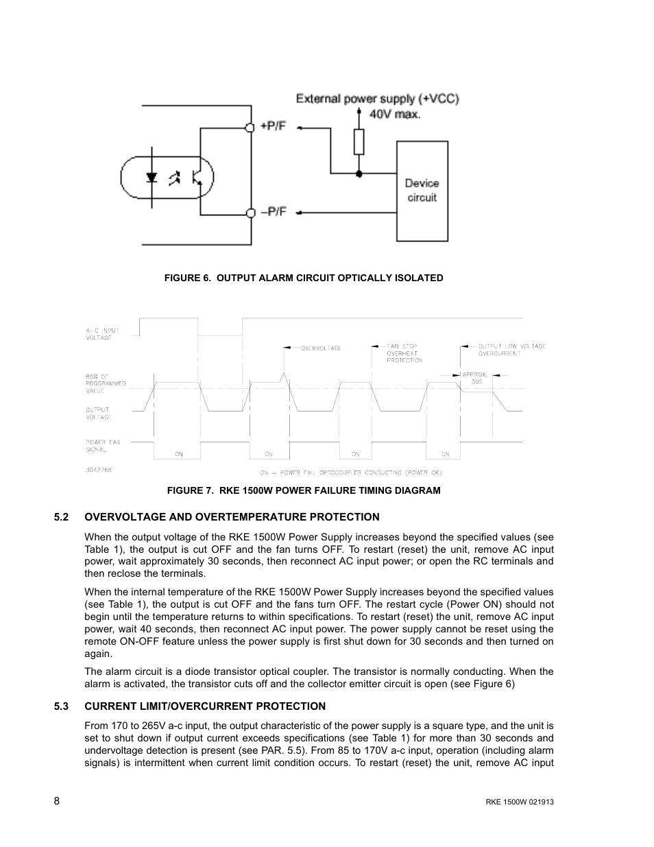 Figure 6. output alarm circuit optically isolated, Figure 7. rke 1500w power failure timing diagram, 2 overvoltage and overtemperature protection | 3 current limit/overcurrent protection, Output alarm circuit optically isolated, Rke 1500w power failure timing diagram | KEPCO RKE 1500W Series Operator Manual User Manual | Page 10 / 14