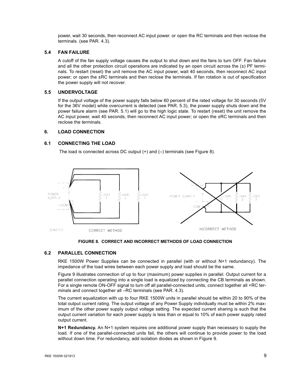 4 fan failure, 5 undervoltage, 1 connecting the load | 2 parallel connection, Correct and incorrect methods of load connection, Re 8, R. 5.5). from | KEPCO RKE 1500W Series Operator Manual User Manual | Page 11 / 14