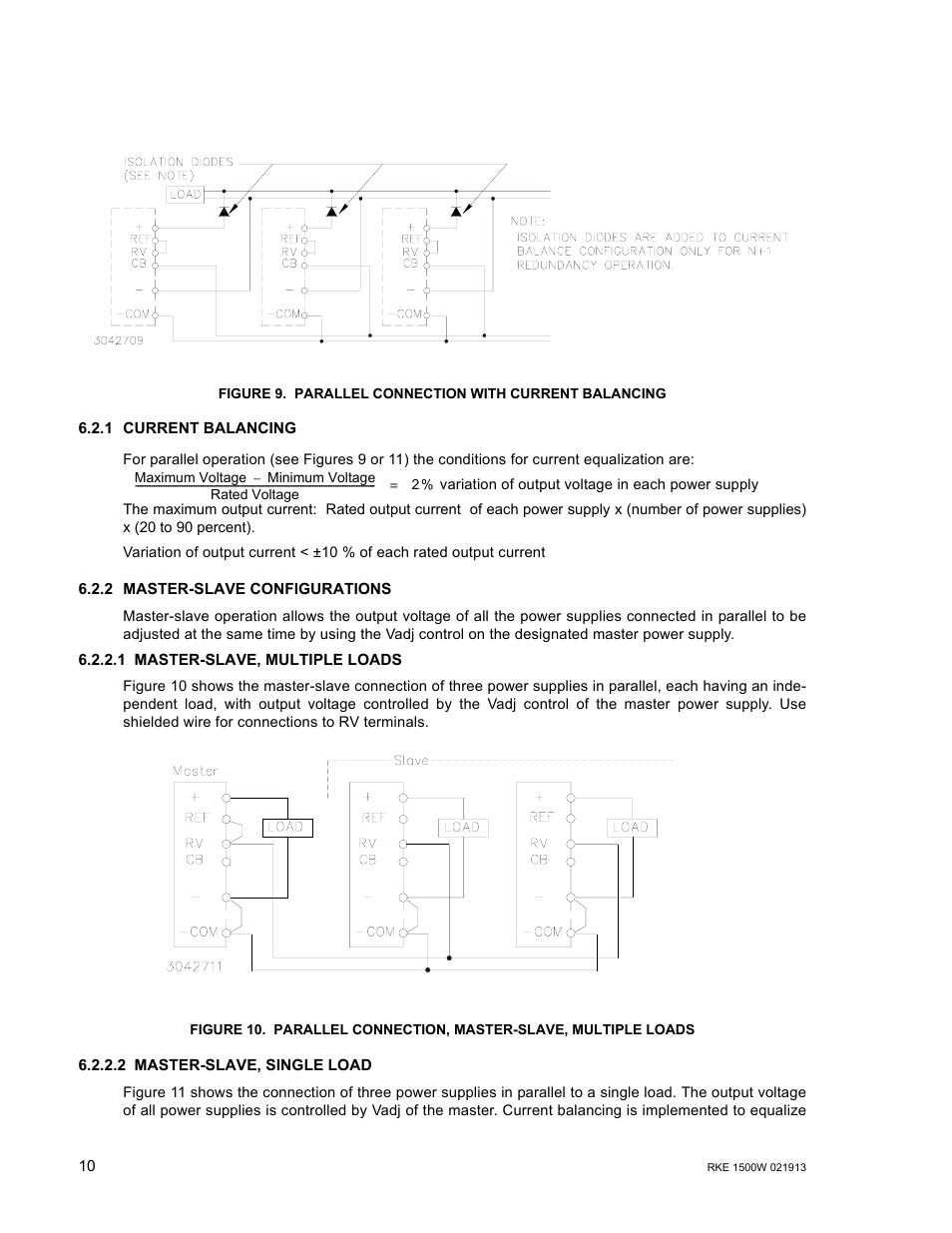 1 current balancing, 2 master-slave configurations, 1 master-slave, multiple loads | 2 master-slave, single load, Parallel connection with current balancing, Parallel connection, master-slave, multiple loads, Re 9 | KEPCO RKE 1500W Series Operator Manual User Manual | Page 12 / 14