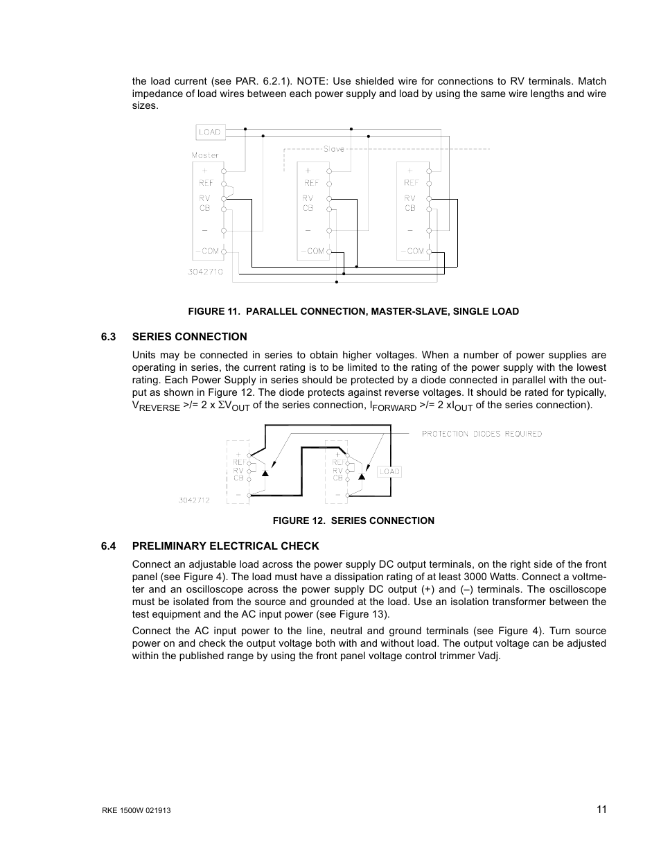 3 series connection, Figure 12. series connection, 4 preliminary electrical check | Parallel connection, master-slave, single load, Series connection | KEPCO RKE 1500W Series Operator Manual User Manual | Page 13 / 14