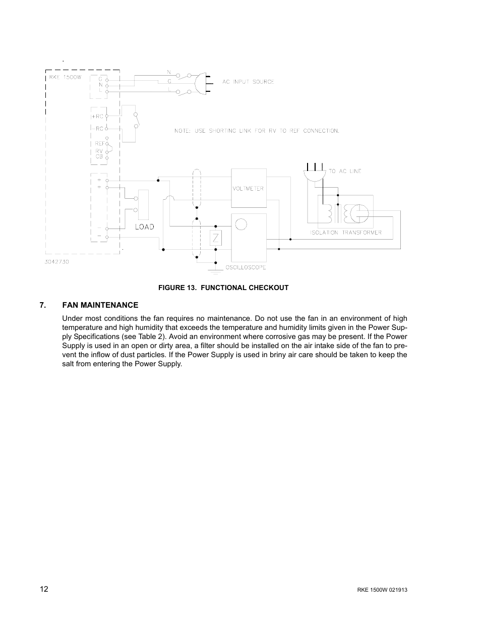 Figure 13. functional checkout, Fan maintenance, Functional checkout | Re 13) | KEPCO RKE 1500W Series Operator Manual User Manual | Page 14 / 14