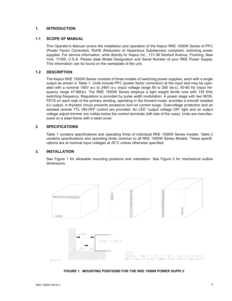 1 scope of manual, 2 description, Mounting positions for the rke 1500w power supply | KEPCO RKE 1500W Series Operator Manual User Manual | Page 3 / 14