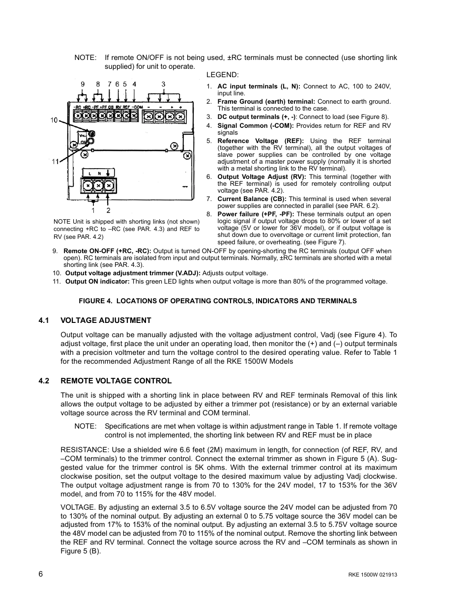 1 voltage adjustment, 2 remote voltage control, 1 voltage adjustment 4.2 remote voltage control | KEPCO RKE 1500W Series Operator Manual User Manual | Page 8 / 14