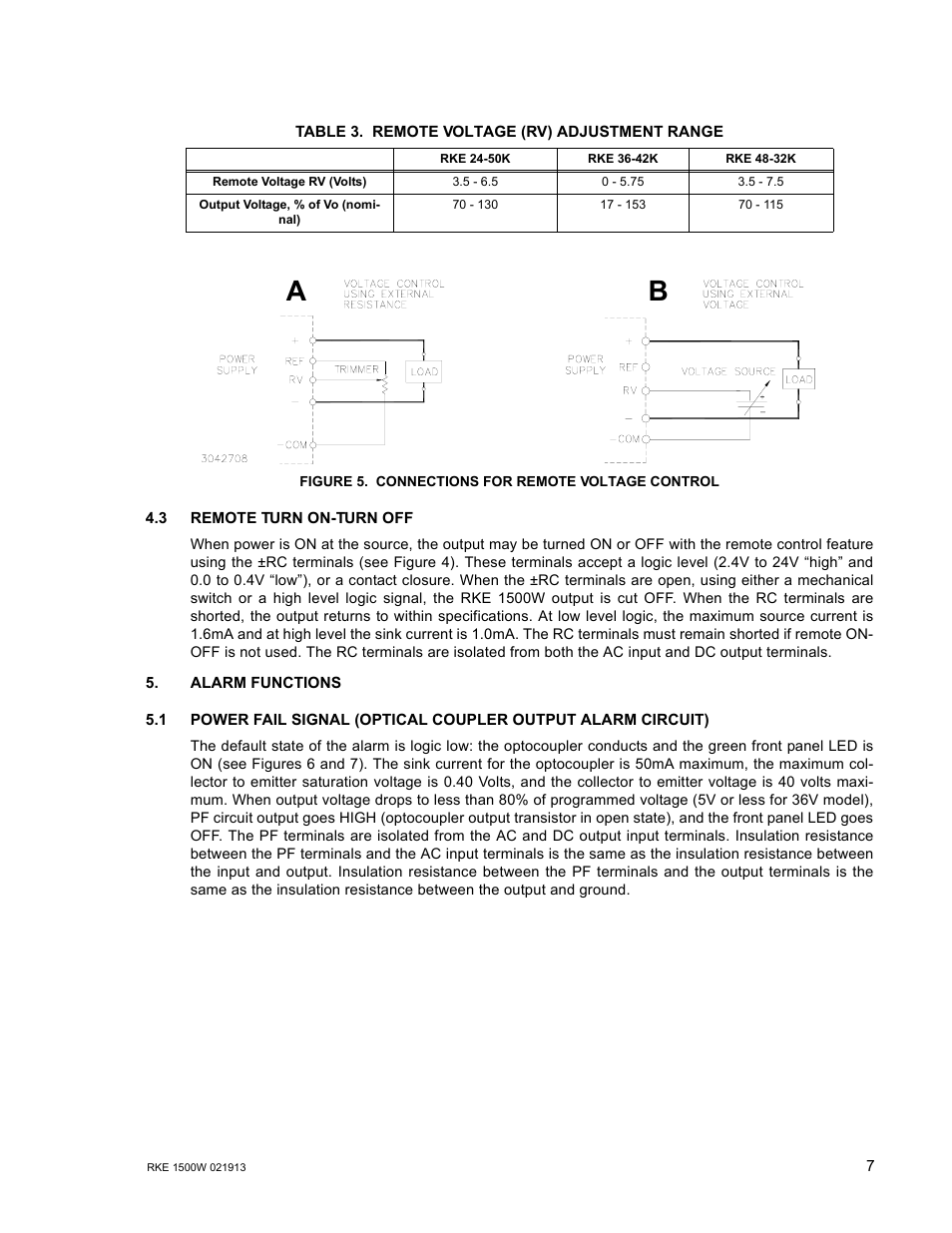 Table 3. remote voltage (rv) adjustment range, Figure 5. connections for remote voltage control, 3 remote turn on-turn off | Connections for remote voltage control, Remote voltage (rv) adjustment range, 5 (a), Re 5 (b), R. 4.3) and ref | KEPCO RKE 1500W Series Operator Manual User Manual | Page 9 / 14