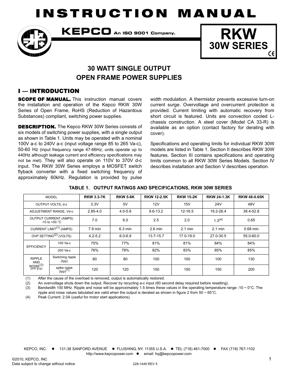 KEPCO RKW 30W Series Operator Manual User Manual | 5 pages