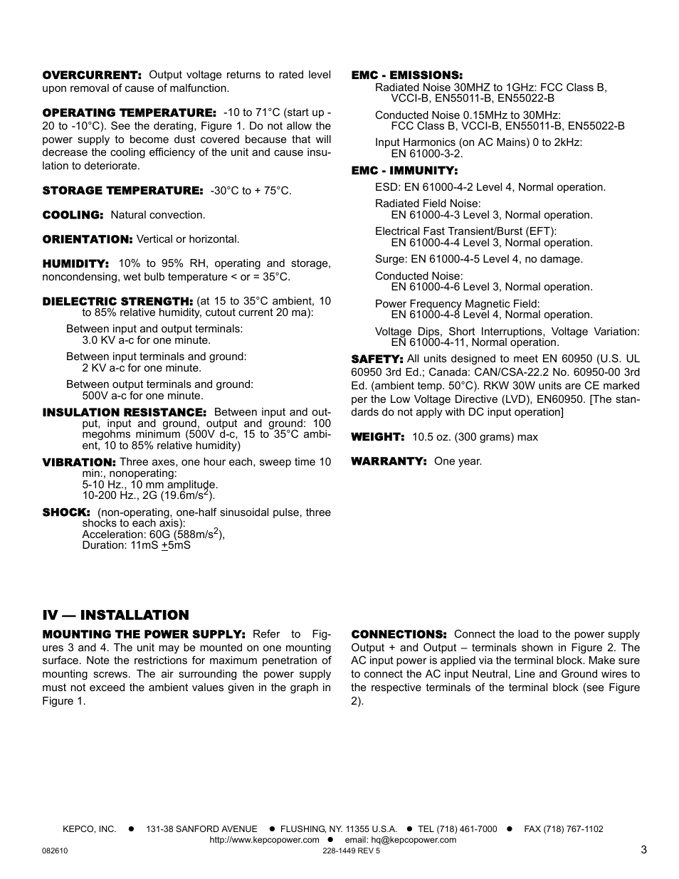 Overcurrent, Operating temperature, Storage temperature | Cooling, Orientation, Humidity, Dielectric strength, Insulation resistance, Vibration, Shock | KEPCO RKW 30W Series Operator Manual User Manual | Page 3 / 5