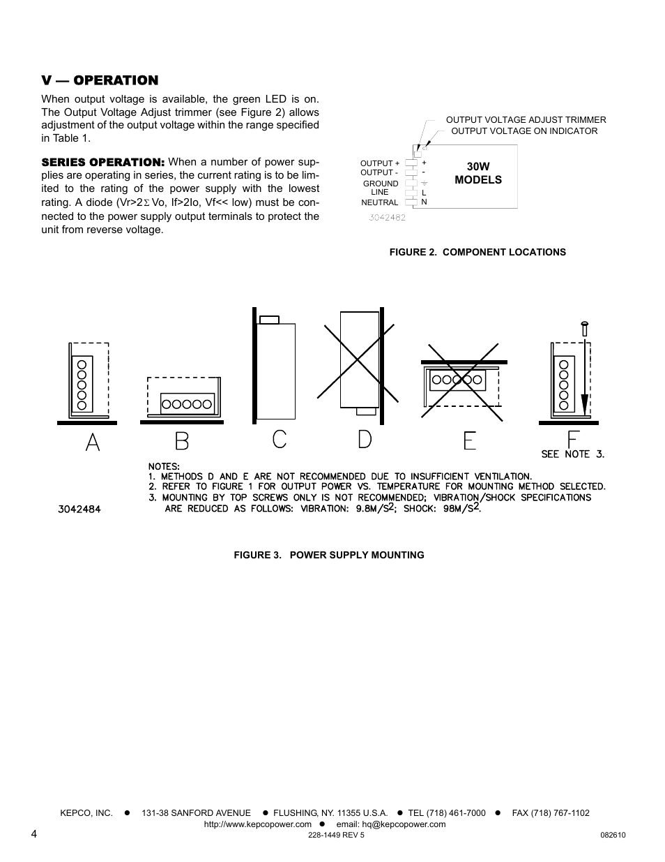 V — operation, Series operation, Figure 2. component locations | Figure 3. power supply mounting, Nd section v describ | KEPCO RKW 30W Series Operator Manual User Manual | Page 4 / 5
