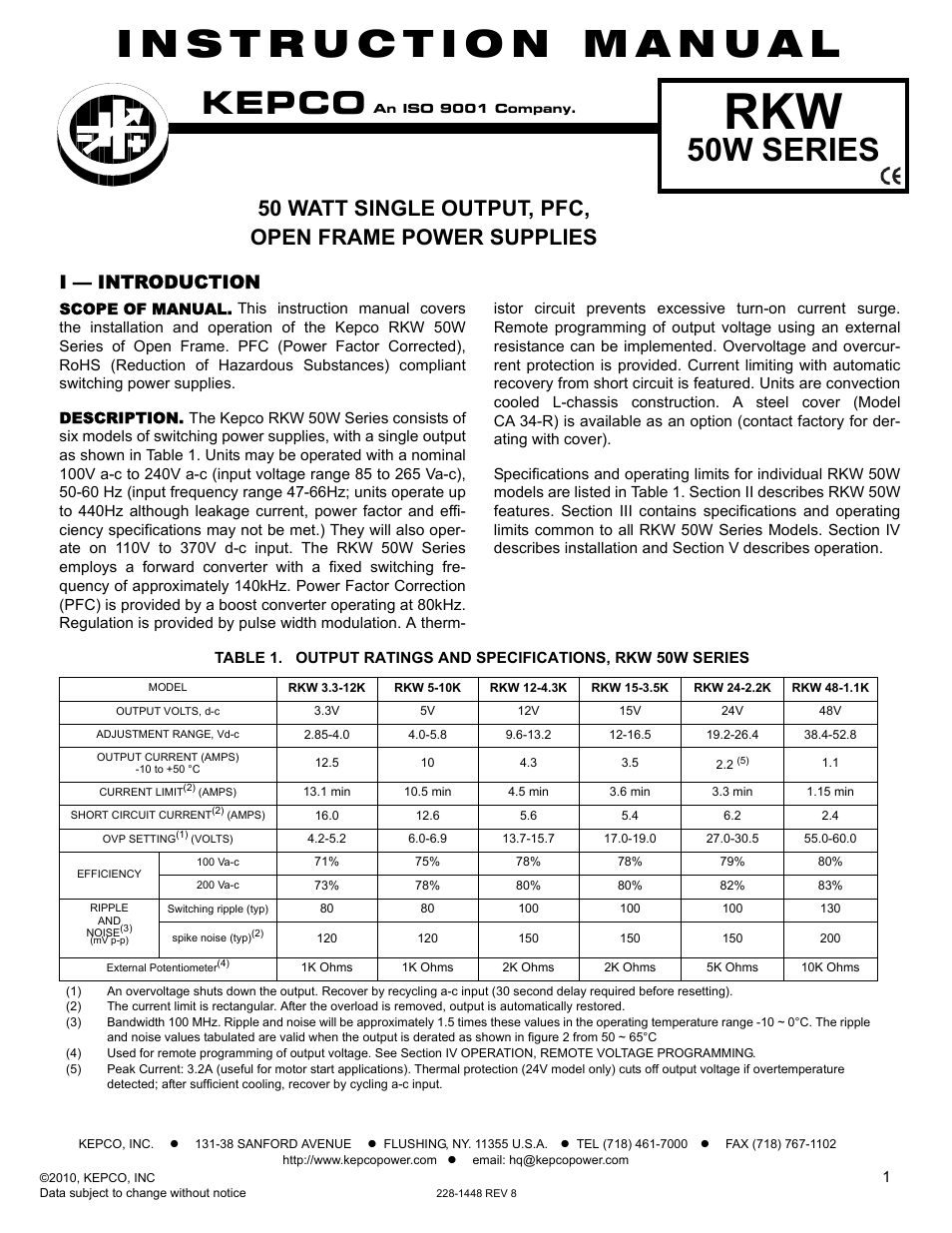 KEPCO RKW 50W Series Operator Manual User Manual | 5 pages