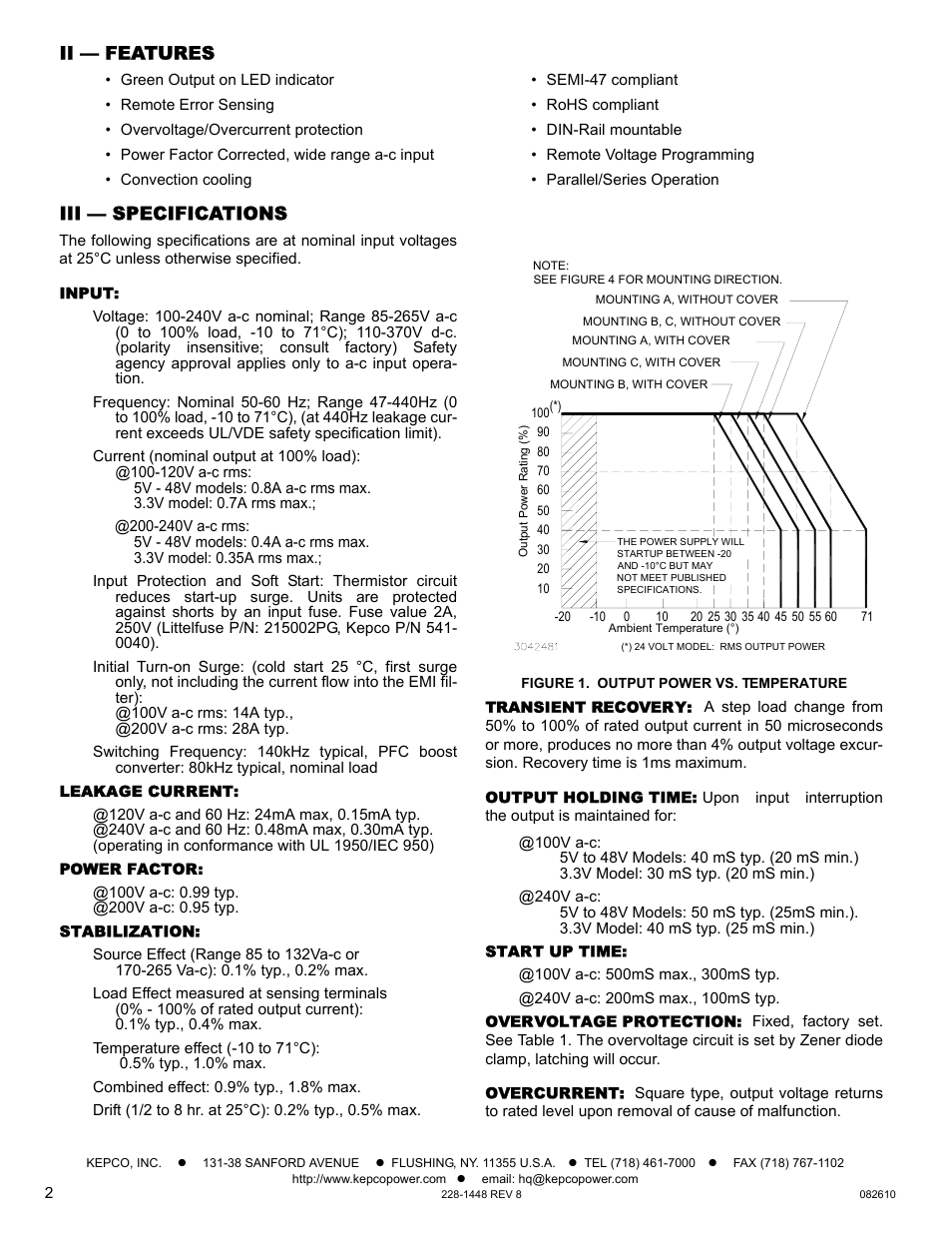 Ii — features, Iii — specifications, Input | Leakage current, Power factor, Stabilization, Figure 1. output power vs. temperature, Transient recovery, Output holding time, Start up time | KEPCO RKW 50W Series Operator Manual User Manual | Page 2 / 5