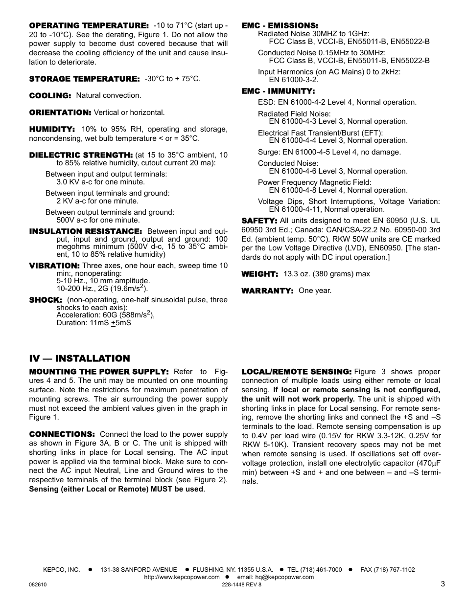 Operating temperature, Storage temperature, Cooling | Orientation, Humidity, Dielectric strength, Insulation resistance, Vibration, Shock, Emc - emissions | KEPCO RKW 50W Series Operator Manual User Manual | Page 3 / 5