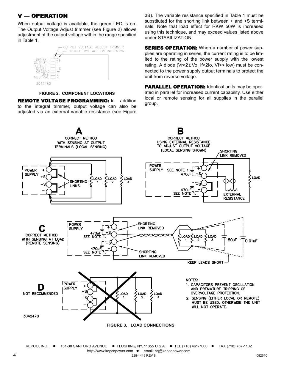 V — operation, Figure 2. component locations, Remote voltage programming | Series operation, Parallel operation, Figure 3. load connections, Nd section v describ | KEPCO RKW 50W Series Operator Manual User Manual | Page 4 / 5