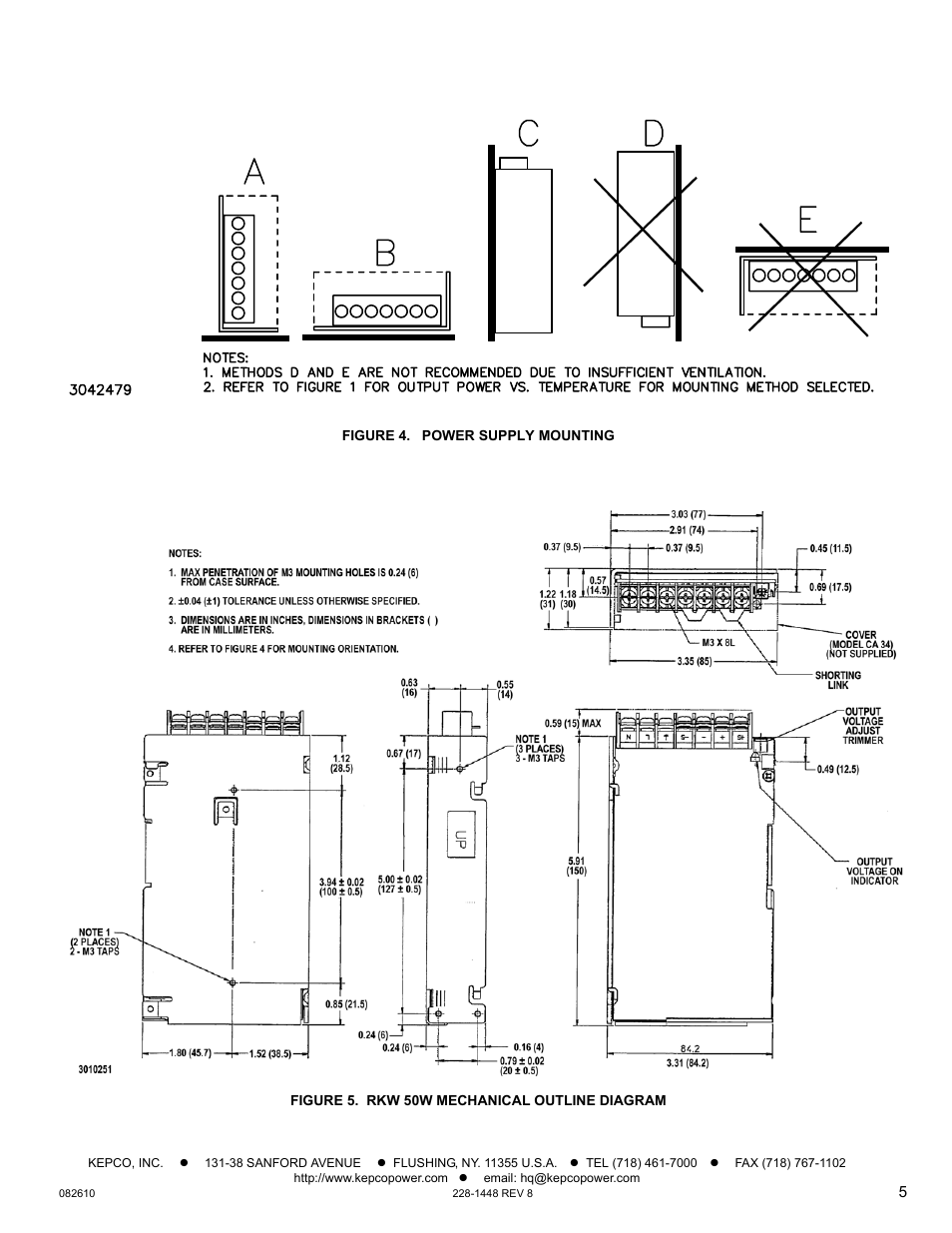 Figure 4. power supply mounting, Figure 5. rkw 50w mechanical outline diagram | KEPCO RKW 50W Series Operator Manual User Manual | Page 5 / 5
