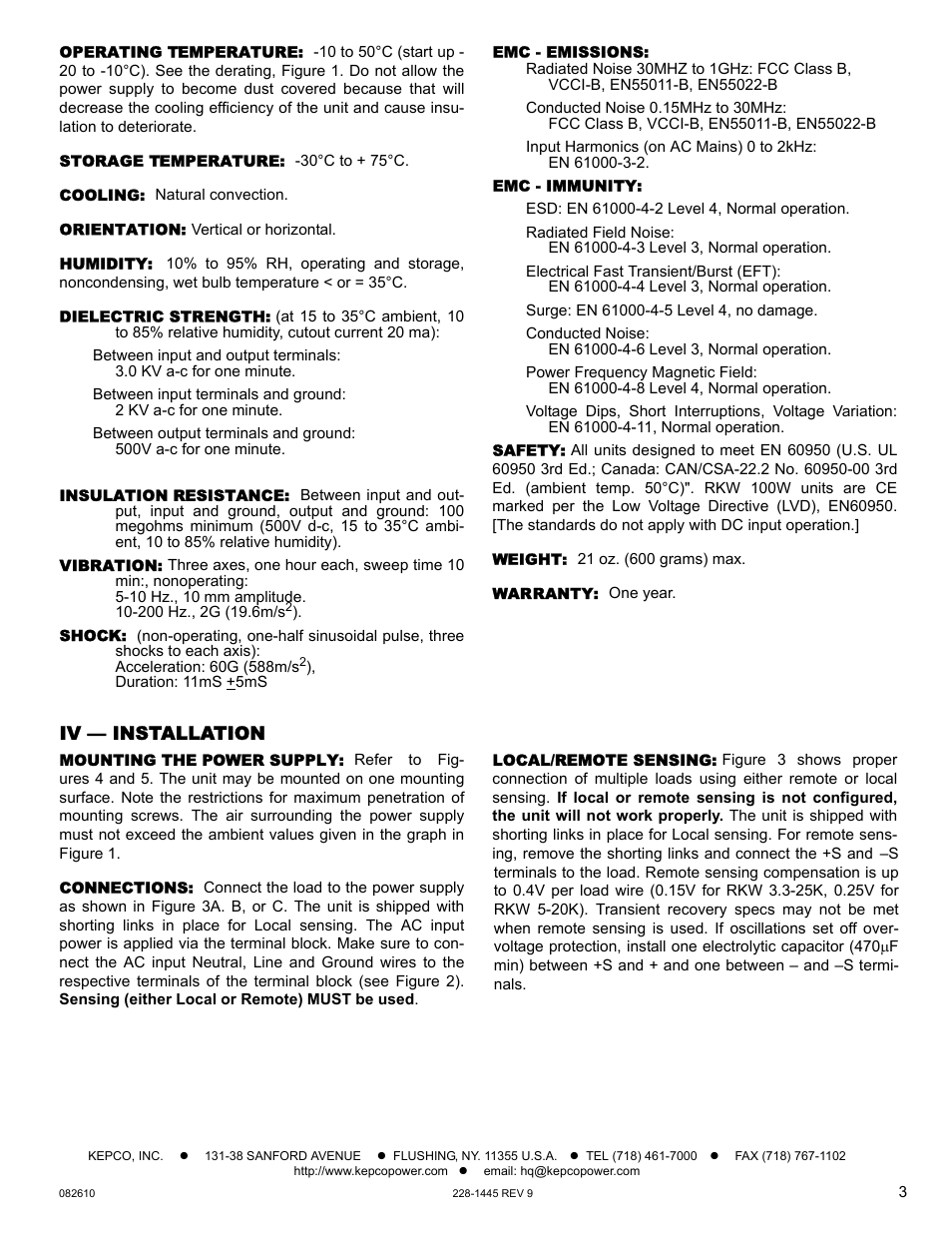 Operating temperature, Storage temperature, Cooling | Orientation, Humidity, Dielectric strength, Insulation resistance, Vibration, Shock, Emc - emissions | KEPCO RKW 100W Series Operator Manual User Manual | Page 3 / 5