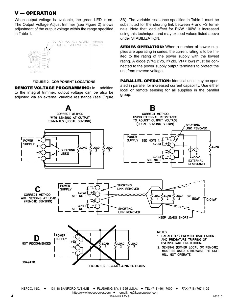 V — operation, Figure 2. component locations, Remote voltage programming | Series operation, Parallel operation, Figure 3. load connections, V de | KEPCO RKW 100W Series Operator Manual User Manual | Page 4 / 5