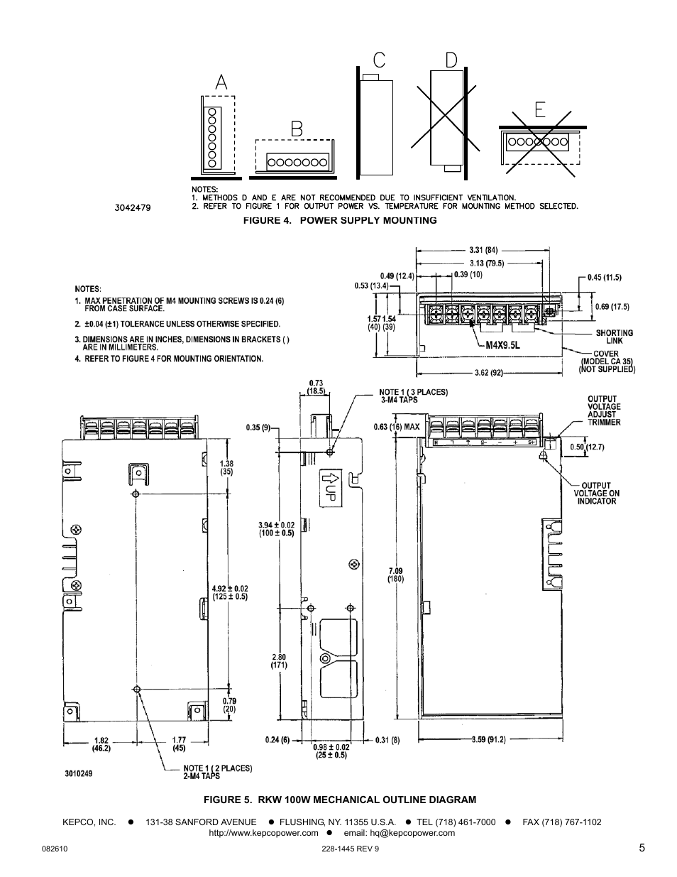 Figure 4. power supply mounting, Figure 5. rkw 100w mechanical outline diagram | KEPCO RKW 100W Series Operator Manual User Manual | Page 5 / 5