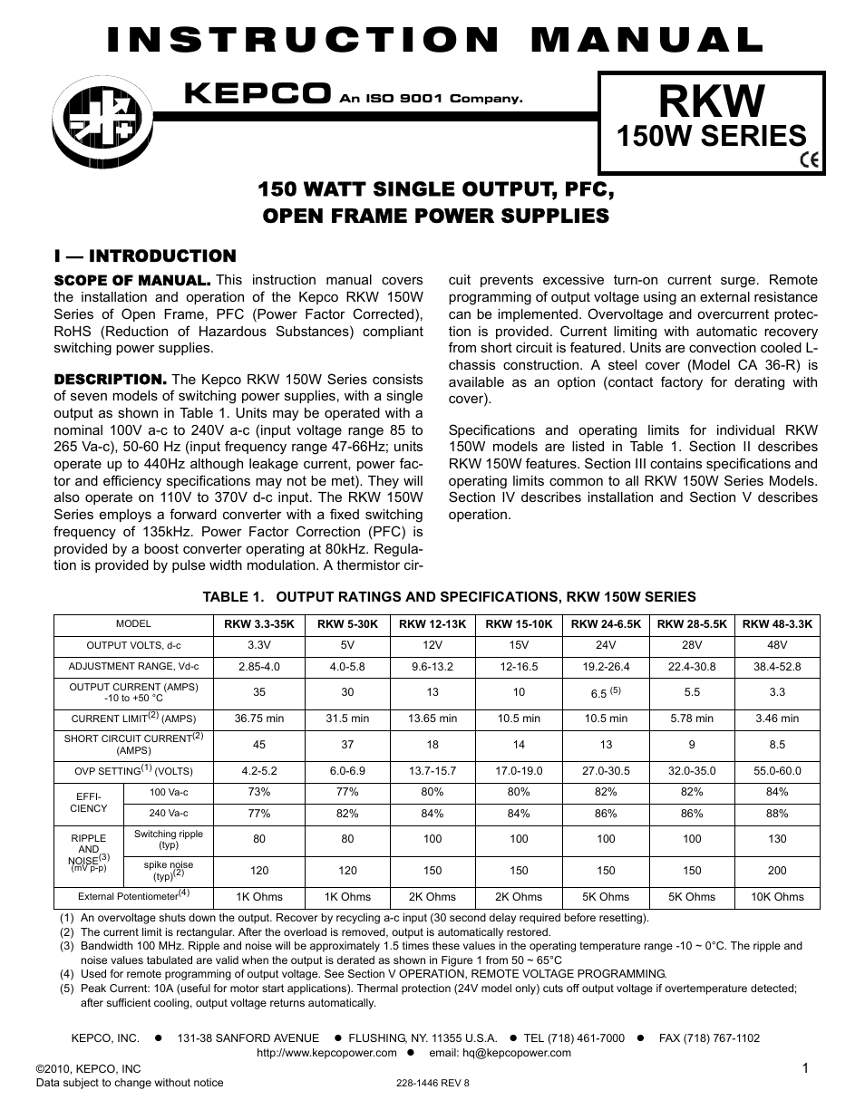 KEPCO RKW 150W Series Operator Manual User Manual | 5 pages
