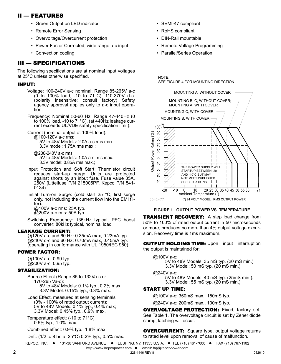 Ii — features, Iii — specifications, Input | Leakage current, Power factor, Stabilization, Figure 1. output power vs. temperature, Transient recovery, Output holding time, Start up time | KEPCO RKW 150W Series Operator Manual User Manual | Page 2 / 5