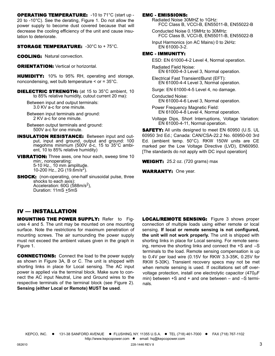 Operating temperature, Storage temperature, Cooling | Orientation, Humidity, Dielectric strength, Insulation resistance, Vibration, Shock, Emc - emissions | KEPCO RKW 150W Series Operator Manual User Manual | Page 3 / 5