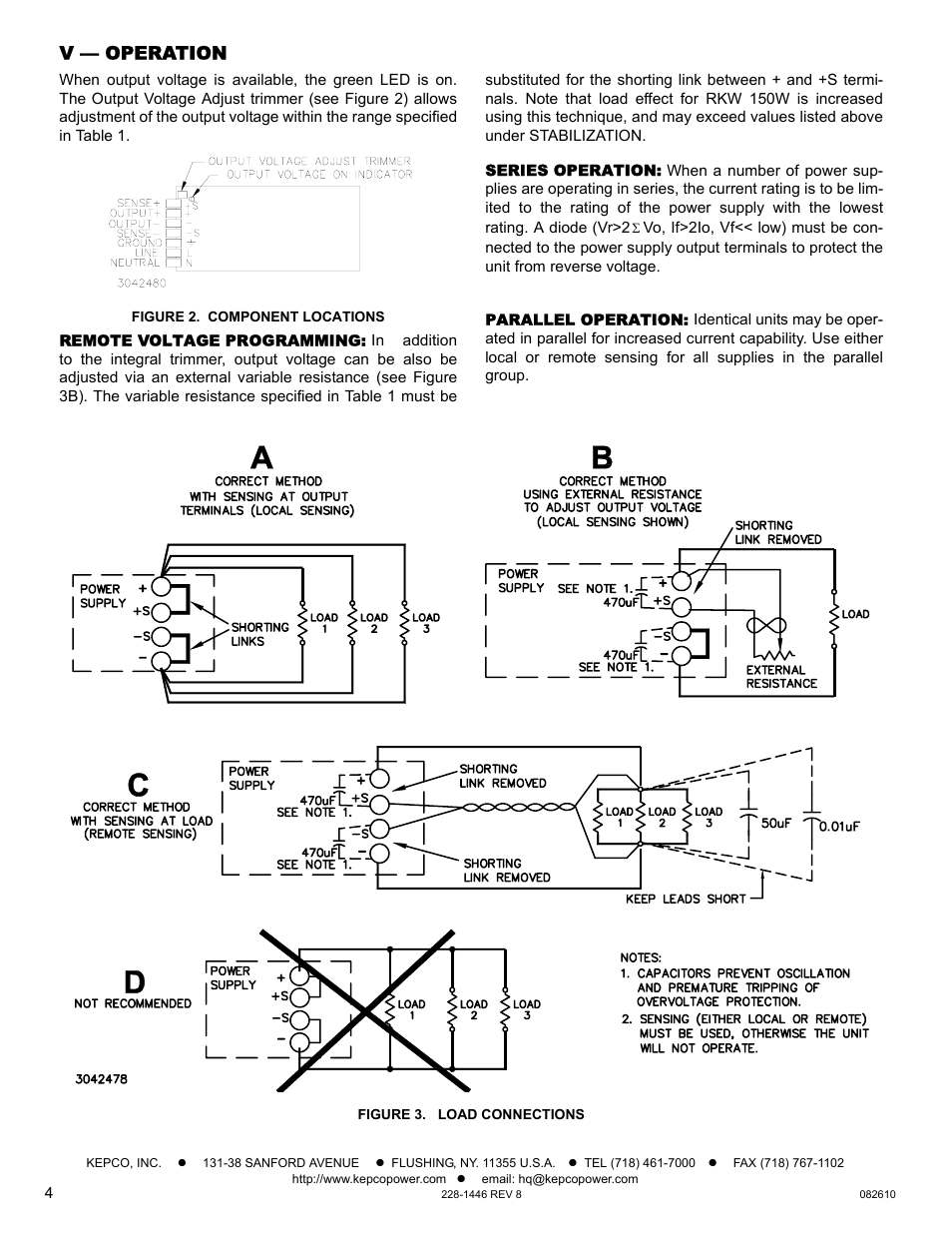 V — operation, Figure 2. component locations, Remote voltage programming | Series operation, Parallel operation, Figure 3. load connections, V de, Ee section v opera | KEPCO RKW 150W Series Operator Manual User Manual | Page 4 / 5