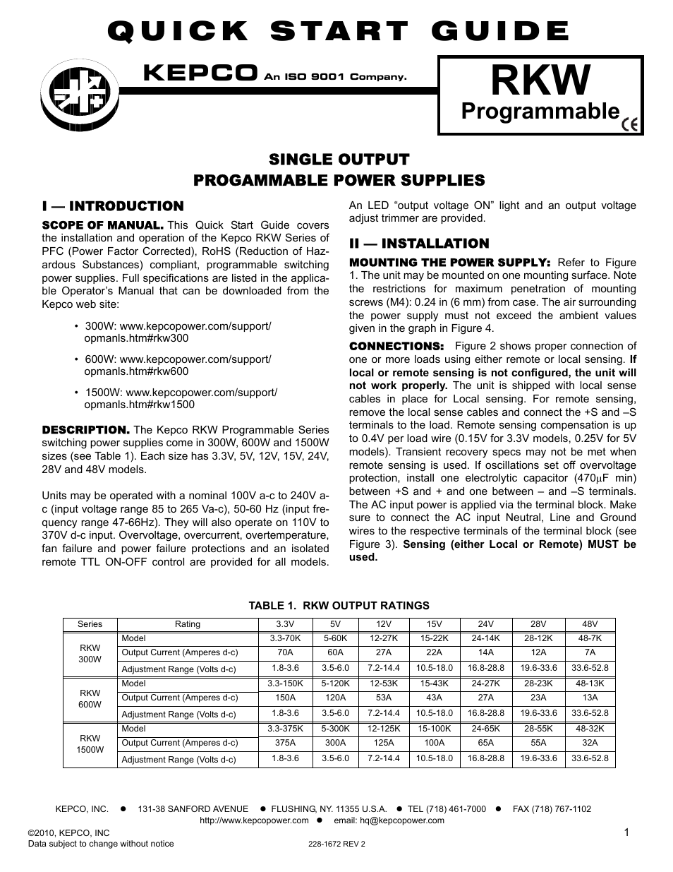 KEPCO RKW 1500W Series Quick Start Guide User Manual | 4 pages