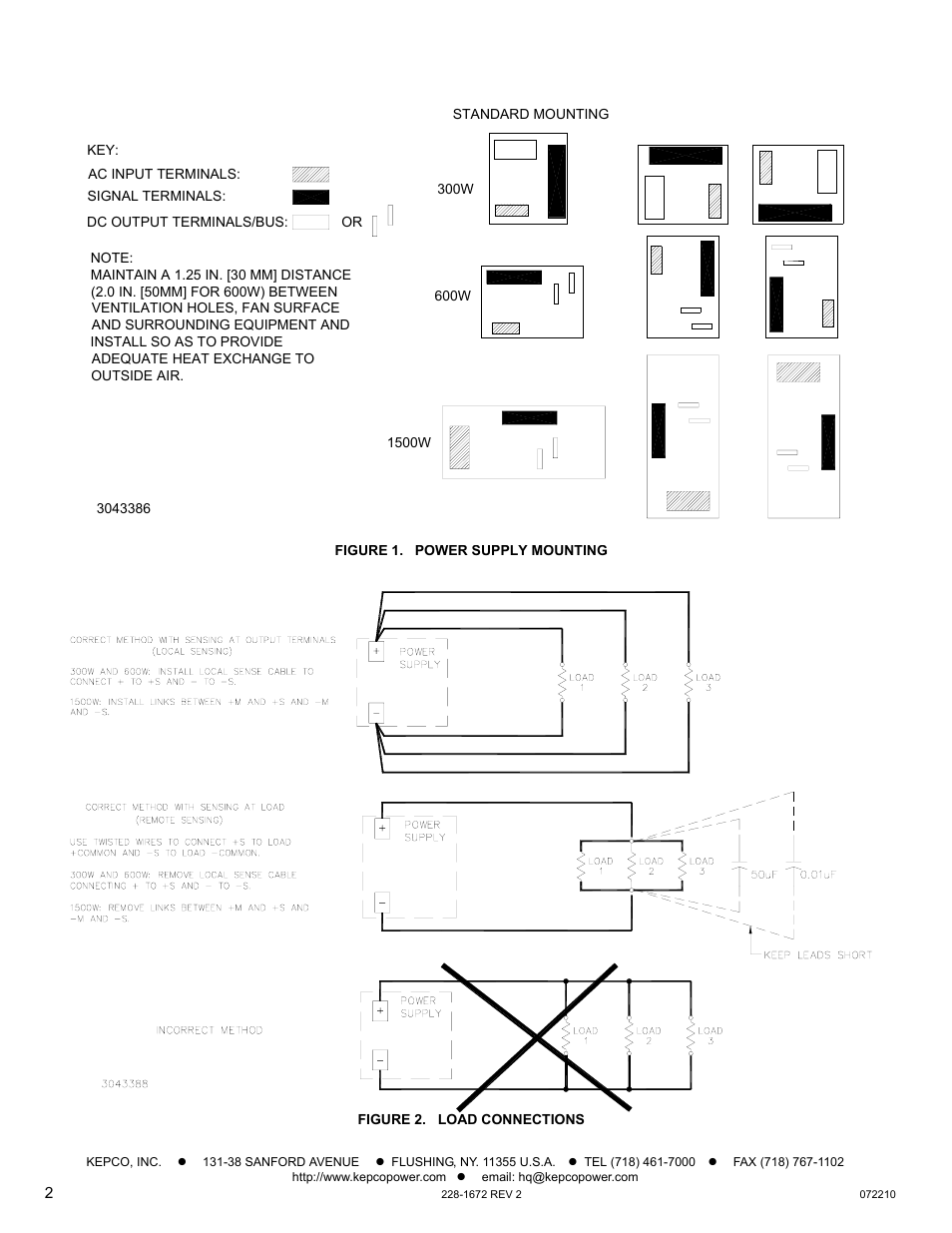 Figure 1. power supply mounting, Figure 2. load connections, 2 sh | KEPCO RKW 1500W Series Quick Start Guide User Manual | Page 2 / 4