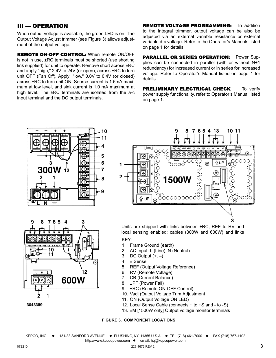 Iii — operation, Remote on-off control, Remote voltage programming | Parallel or series operation, Preliminary electrical check, Figure 3. component locations | KEPCO RKW 1500W Series Quick Start Guide User Manual | Page 3 / 4