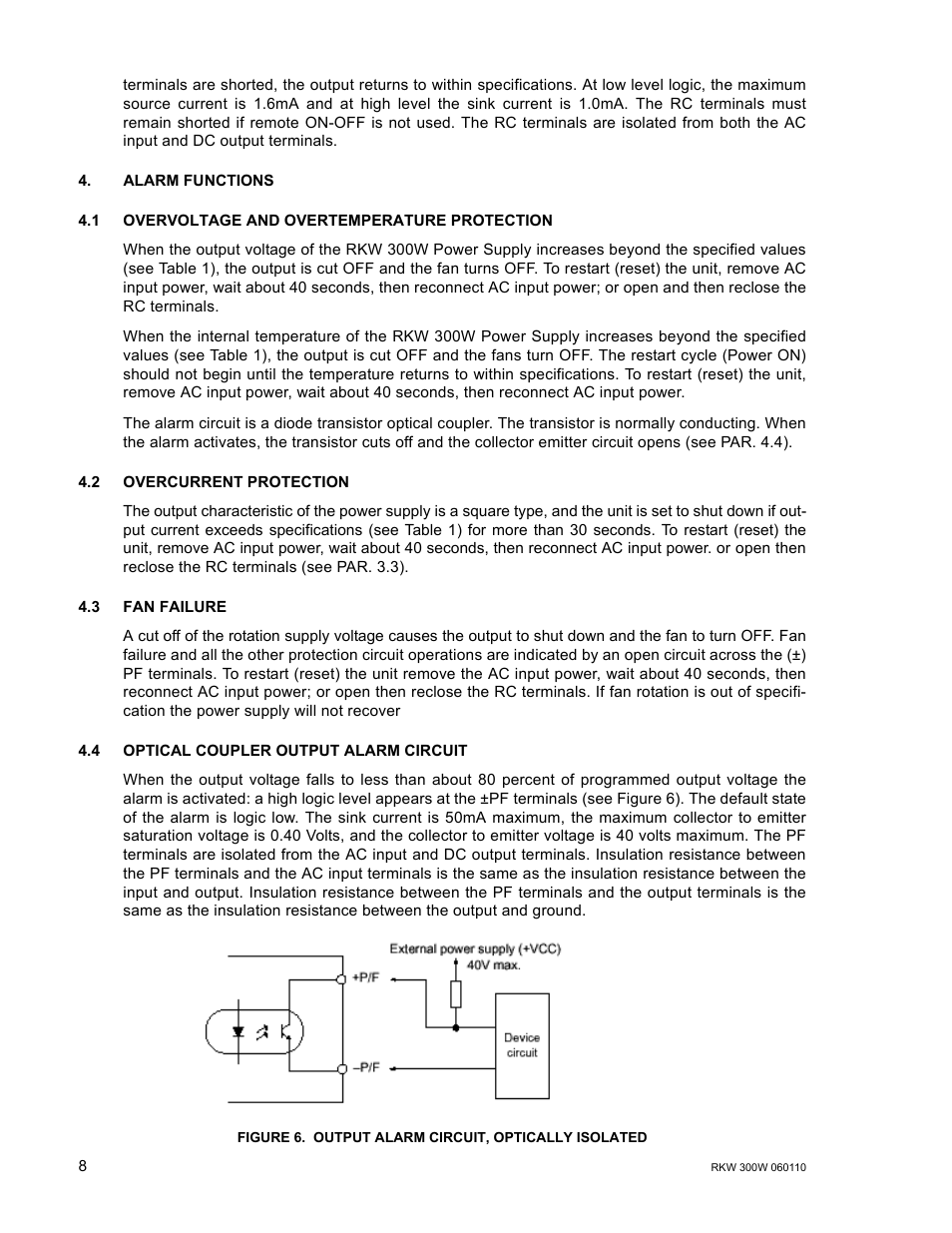 Alarm functions, 1 overvoltage and overtemperature protection, 2 overcurrent protection | 3 fan failure, 4 optical coupler output alarm circuit, Figure 6. output alarm circuit, optically isolated, Output alarm circuit, optically isolated, See figures 6 and | KEPCO RKW 300W Series Operator Manual User Manual | Page 10 / 16