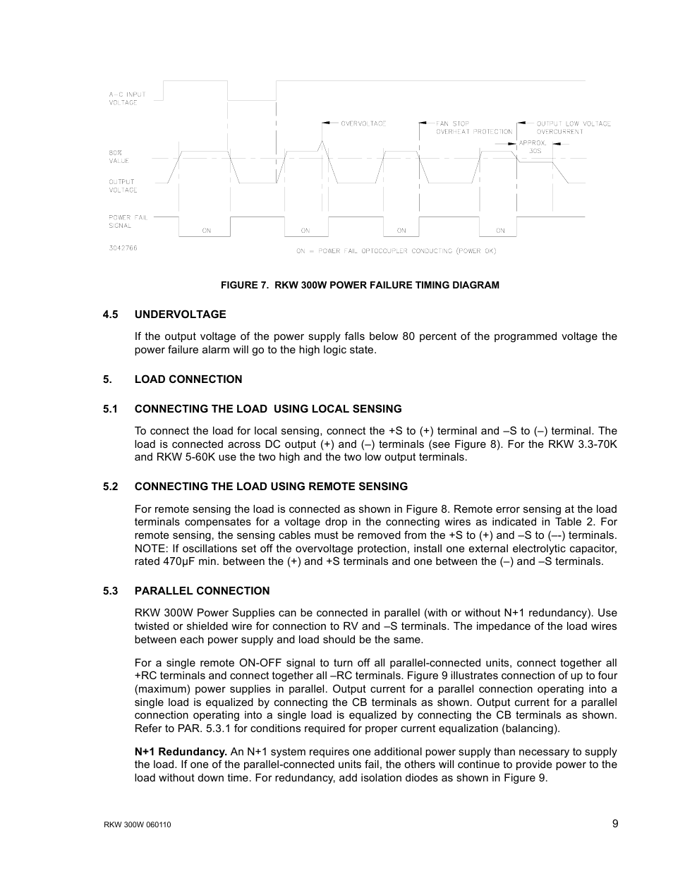 Figure 7. rkw 300w power failure timing diagram, 5 undervoltage, Load connection | 1 connecting the load using local sensing, 2 connecting the load using remote sensing, 3 parallel connection, Rkw 300w power failure timing diagram, R. 5.2) | KEPCO RKW 300W Series Operator Manual User Manual | Page 11 / 16