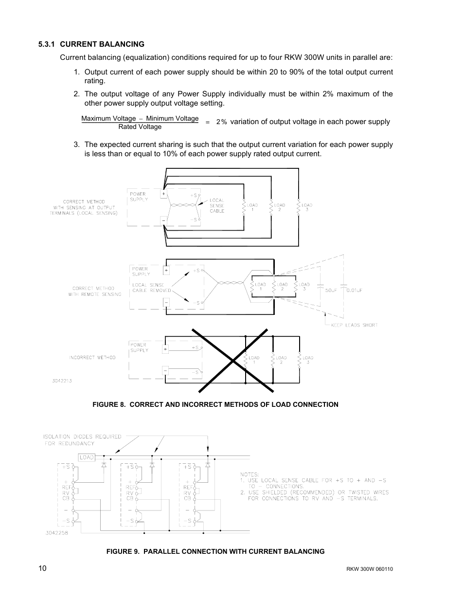 1 current balancing, Correct and incorrect methods of load connection, Parallel connection with current balancing | E 8), Re 8). f, Re 9, R. 5.3.1 | KEPCO RKW 300W Series Operator Manual User Manual | Page 12 / 16