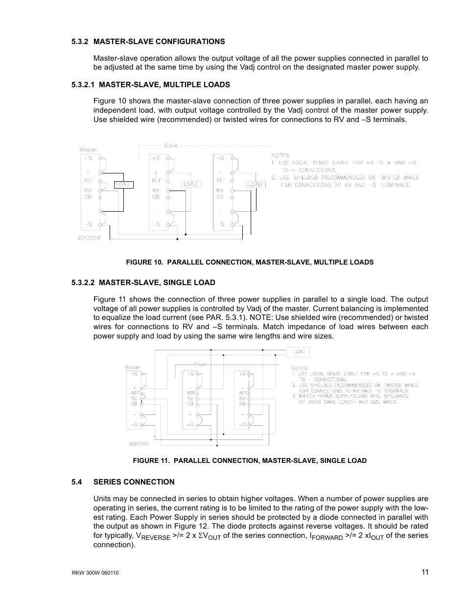4 series connection, Parallel connection, master-slave, multiple loads, Parallel connection, master-slave, single load | KEPCO RKW 300W Series Operator Manual User Manual | Page 13 / 16